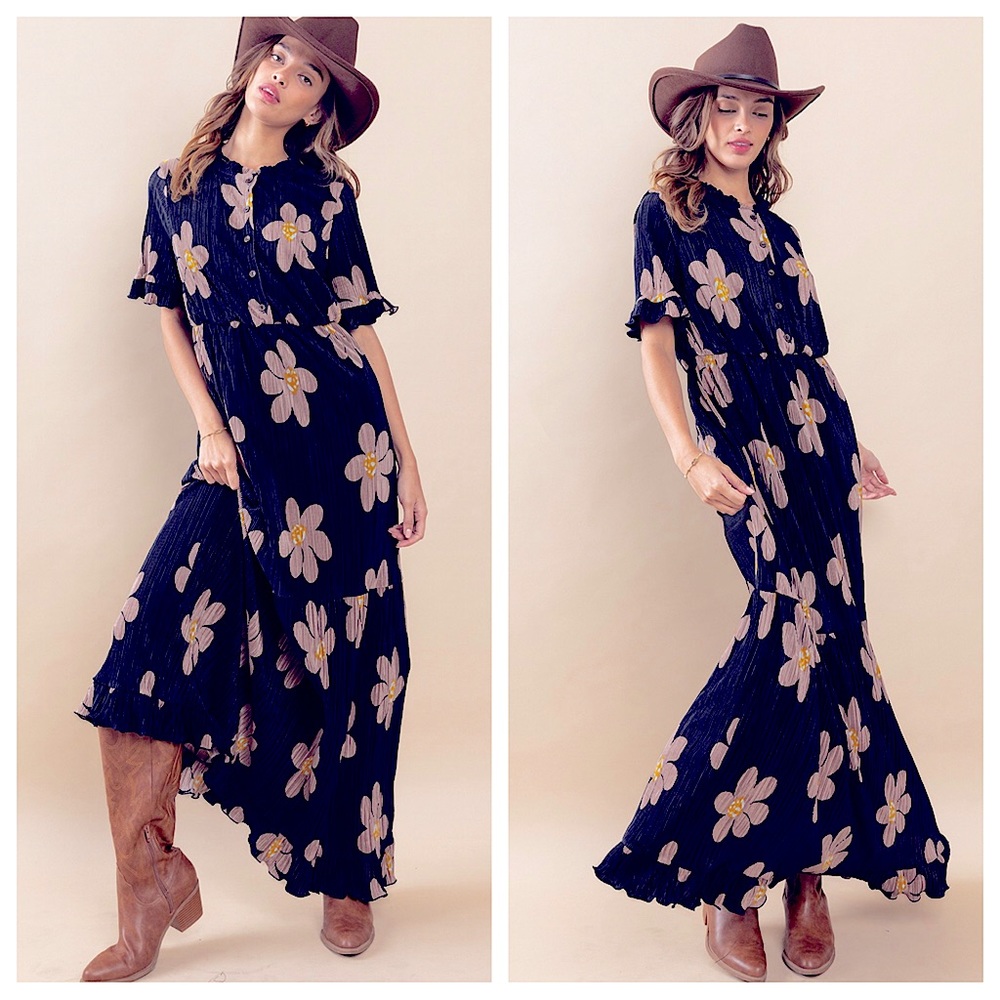 18 Floral Print Pleated Maxi Dress - Picture 1 of 6